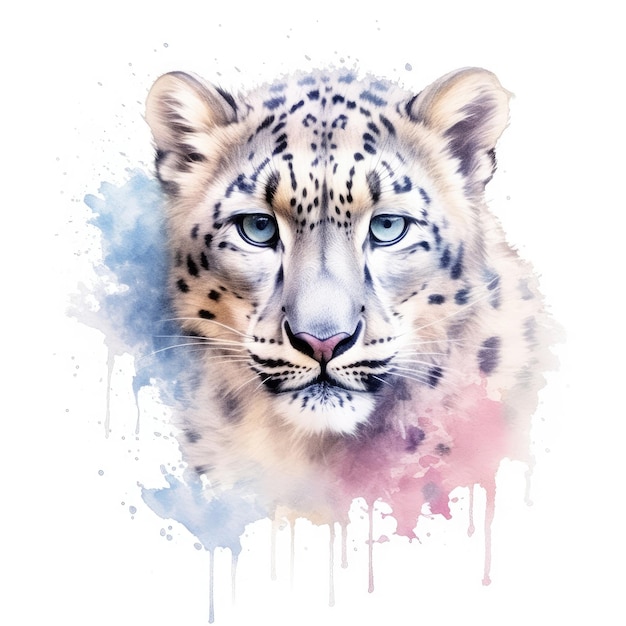 Pittura ad acquerello di leopardo delle nevi con sfondo bianco