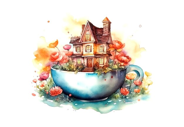 pittura ad acquerello di libro di stoccaggio piccola casa di legno in una tazza fantastica con fiori luminosi generativa AI
