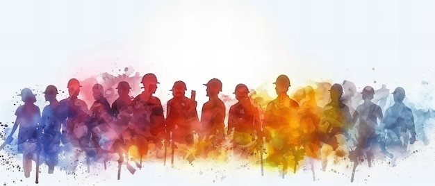 Pittura ad acquerello di operai edili in silhouette colorate concetto della Festa del Lavoro