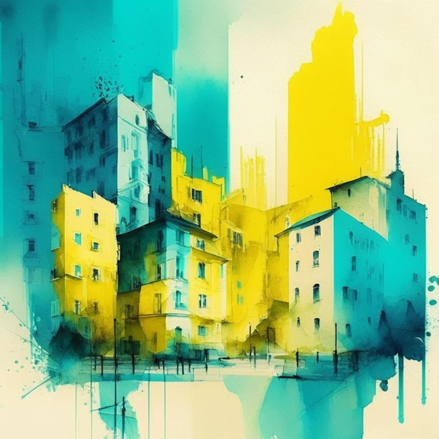 Pittura ad acquerello di paesaggi urbani in colori giallo e verde verde Edifici astratti in città su pittura ad acquerelli