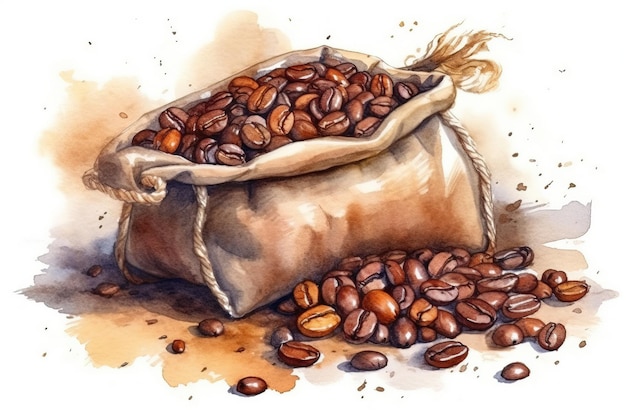 pittura ad acquerello di sacchetto con chicchi di caffè aromatici e freschi caffè Arabica generativa AI