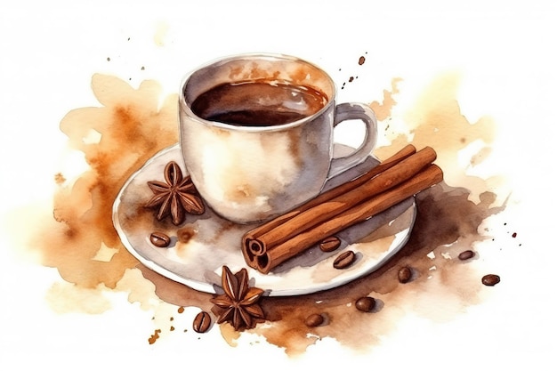 pittura ad acquerello di tazza con bevanda di caffè caldo con cannella e chiodi di garofano bevanda calda invernale generativa AI