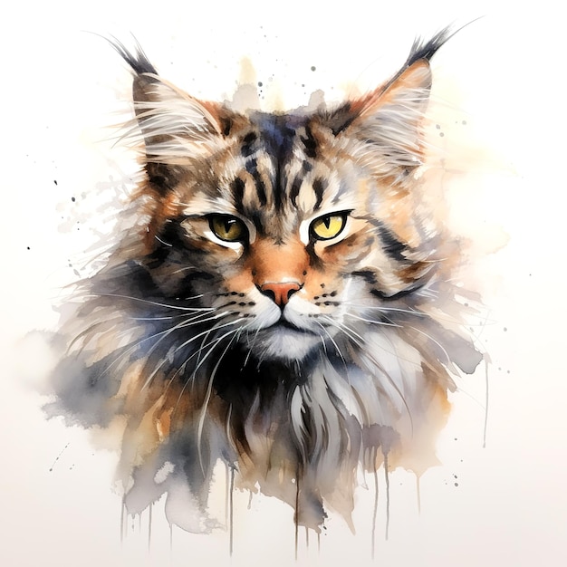 Pittura ad acquerello di testa di gatto main coon su uno sfondo pulito Animali domestici Illustrazione Generativa AI