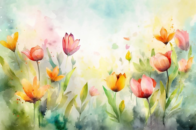 Pittura ad acquerello di tulipani in un giardino con uno sfondo rosa e giallo.