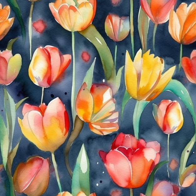 Pittura ad acquerello di tulipani su uno sfondo scuro.