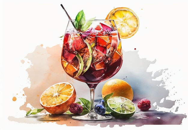 Pittura ad acquerello di un bicchiere di sangria con frutta e foglie di menta