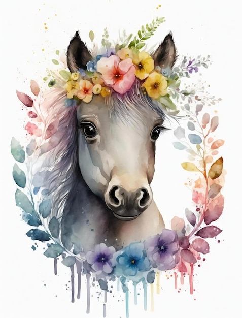 Pittura ad acquerello di un cavallo con una corona di fiori