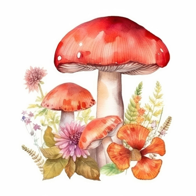 Pittura ad acquerello di un fungo rosso con fiori