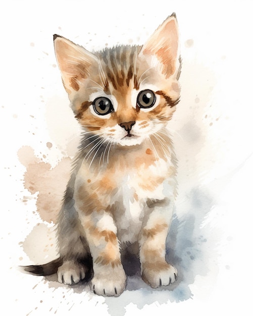 Pittura ad acquerello di un gattino con grandi occhi.