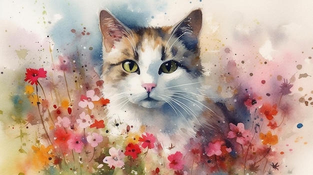 Pittura ad acquerello di un gatto seduto in un prato di fiori ai generativo