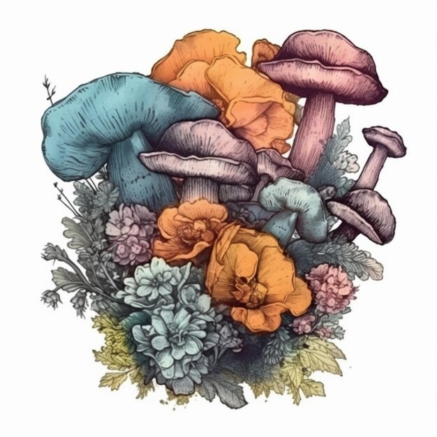 Pittura ad acquerello di un mazzo di fiori e funghi