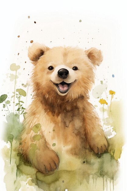 Pittura ad acquerello di un orsacchiotto carino che sorride illustrazione di alta qualità per bambini