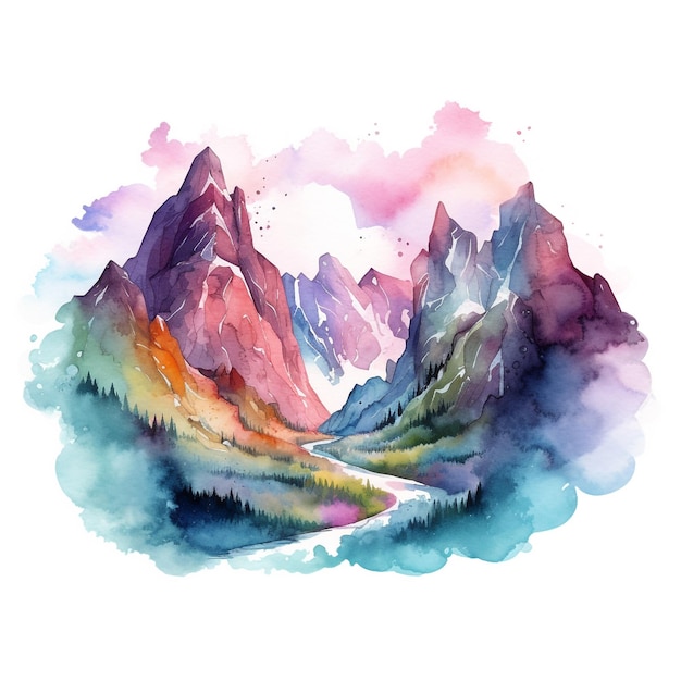 Pittura ad acquerello di un paesaggio di montagna con un cielo colorato e nuvole.