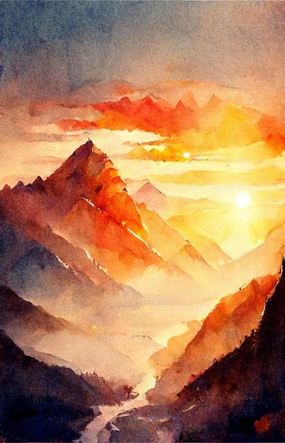 Pittura ad acquerello di un paesaggio montano con un tramonto sullo sfondo.