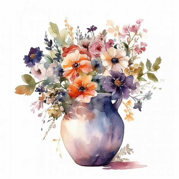 Pittura ad acquerello di un vaso con fiori e foglie