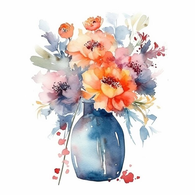 Pittura ad acquerello di un vaso con fiori e foglie