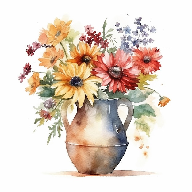 Pittura ad acquerello di un vaso con fiori e foglie