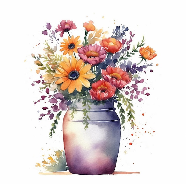 Pittura ad acquerello di un vaso con fiori e foglie