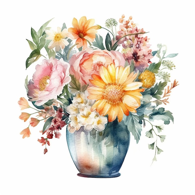 Pittura ad acquerello di un vaso con fiori e foglie