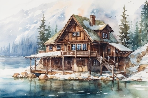 Pittura ad acquerello di una casa in legno sulla riva del lago Paesaggio invernale ai generativo