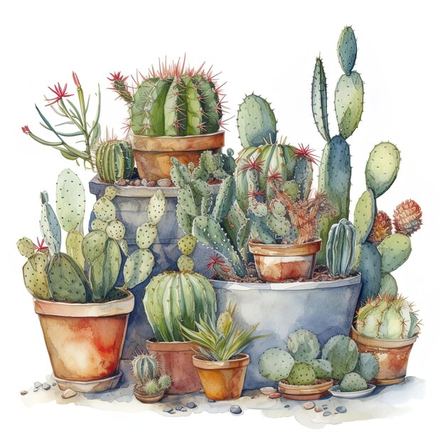 Pittura ad acquerello di una collezione di cactus