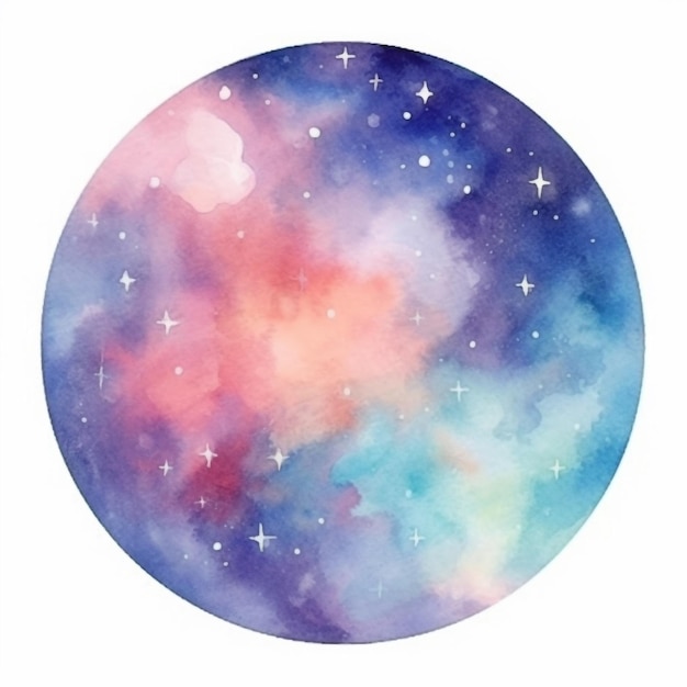 Pittura ad acquerello di una galassia con stelle e polvere spaziale al centro.