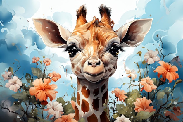 Pittura ad acquerello di una giraffa su uno sfondo di fiori e cielo