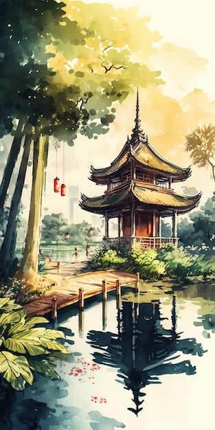 Pittura ad acquerello di una pagoda in un parco generativo ai