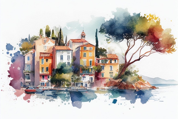 Pittura ad acquerello di una piccola città in riva al mare