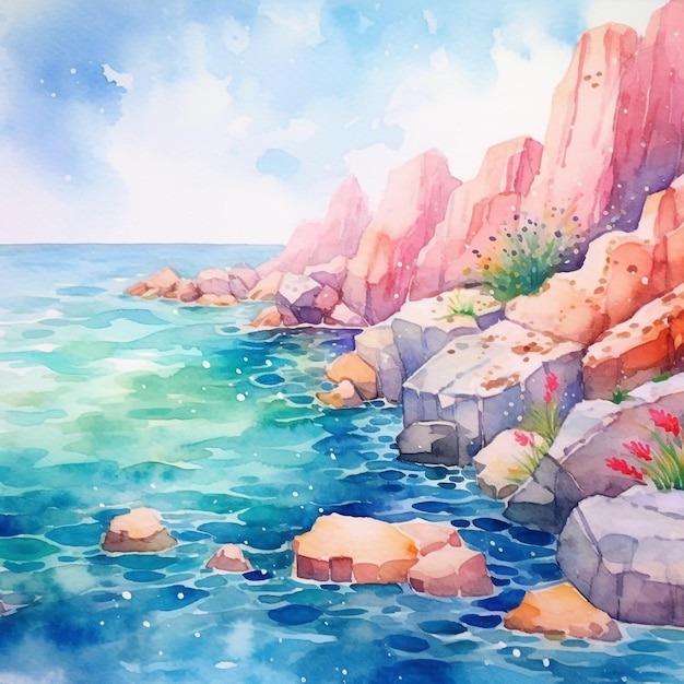 Pittura ad acquerello di una spiaggia rocciosa con un fiore rosa sulle rocce.