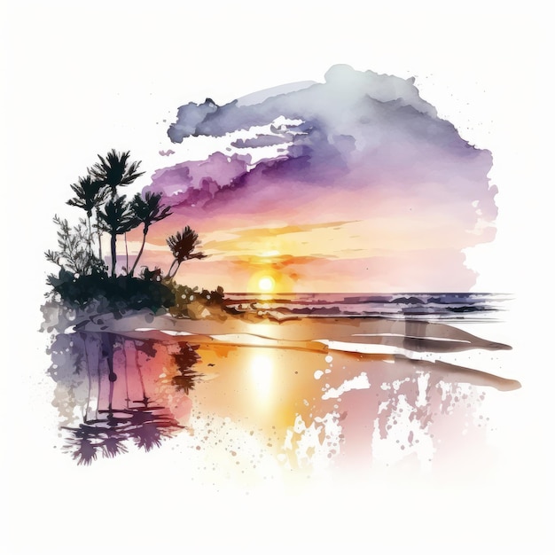 Pittura ad acquerello di una spiaggia tropicale con palme su sfondo bianco.