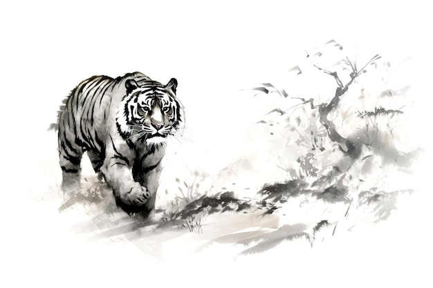 Pittura ad acquerello di una tigre che cammina su uno sfondo bianco Animali selvatici Illustrazione Generativa AI