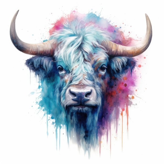 Pittura ad acquerello di yak su sfondo bianco