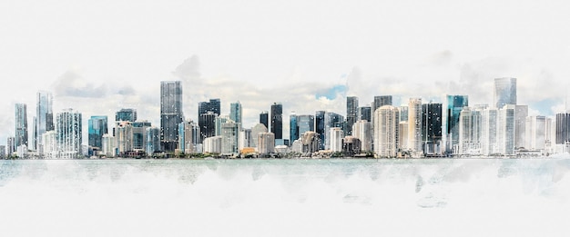 Pittura ad acquerello digitale dello skyline di miami con grattacieli