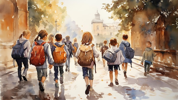 pittura ad acquerello disegno di un gruppo di amici bambini di scuola tornano a scuola vista da dietro con zaini