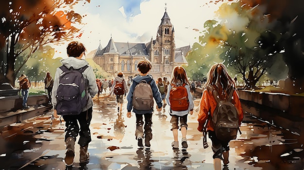 pittura ad acquerello disegno di un gruppo di amici bambini di scuola tornano a scuola vista da dietro con zaini