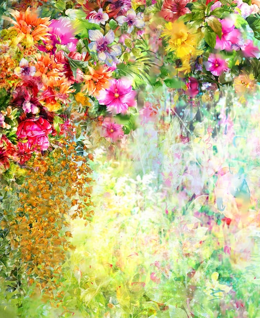 Pittura ad acquerello fiori astratti. Fiori multicolori di primavera