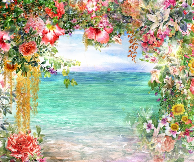 Pittura ad acquerello fiori astratti. Primavera multicolore vicino al mare