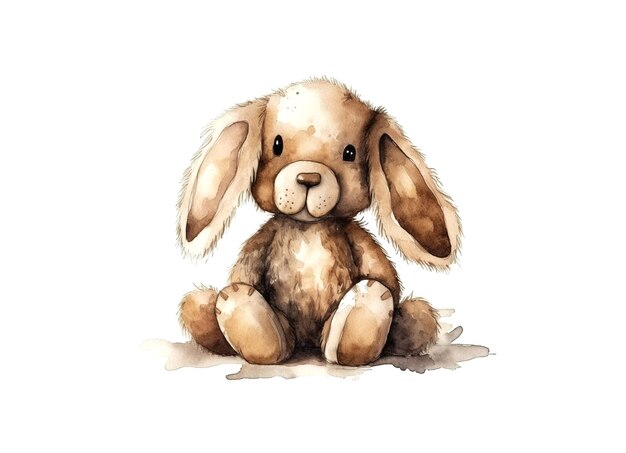 pittura ad acquerello illustrazione di carino coniglio di peluche giocattolo per bambini su uno sfondo bianco AI generativa