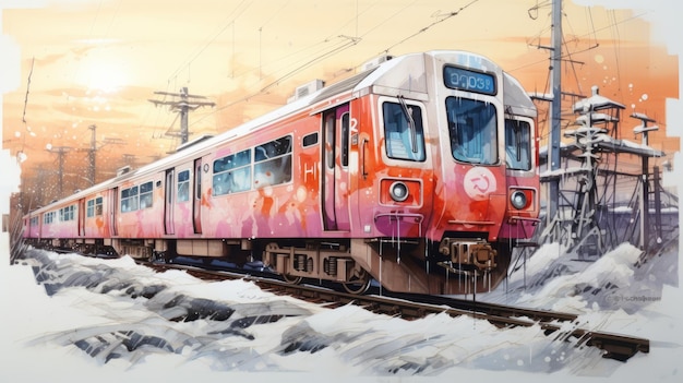 Pittura ad acquerello invernale ispirata ai graffiti del treno con equipaggio in Giappone