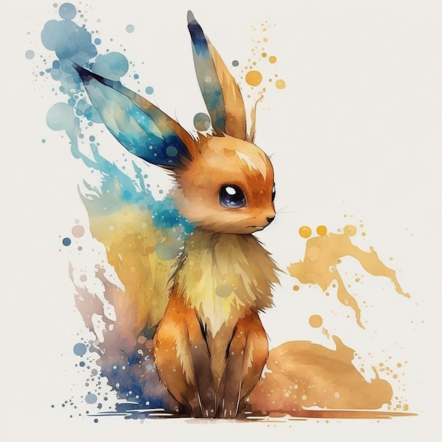 Pittura ad acquerello Pokemon di un piccolo animale carino con gli occhi blu generativo ai