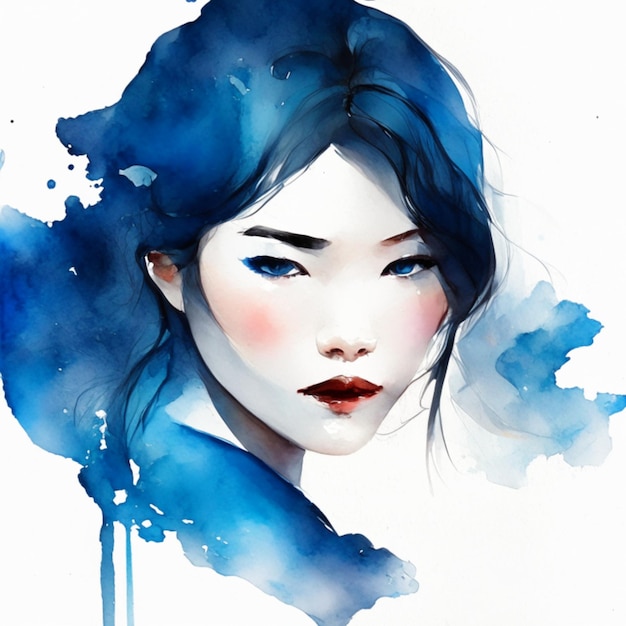 pittura ad acquerello ragazza in abito cinese blu IA generativa
