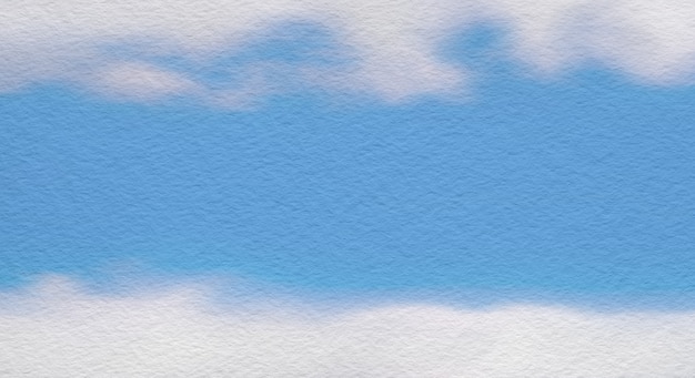 Pittura ad acquerello su carta ruvida. Panorama del cielo blu con nuvole bianche. Concetto di paradiso primaverile estivo. Sfondo per sfondi di texture e design di banner web