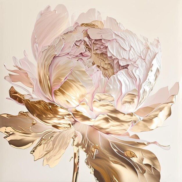 Pittura ad olio floreale astratta Fiore di peonia dorato e rosa su sfondo bianco
