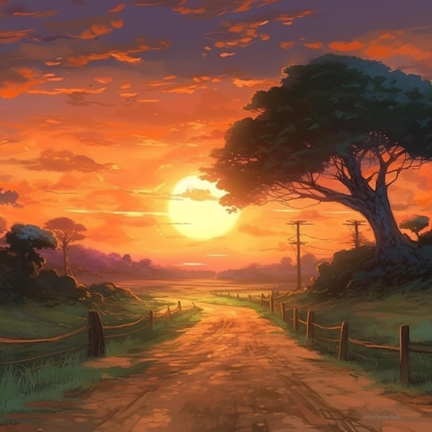 Pittura al tramonto di una strada di terra che porta ad un albero e una recinzione generativa ai