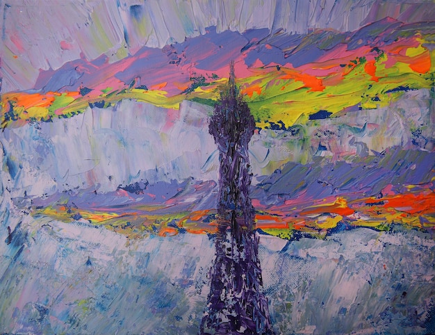 Pittura artistica della Torre Eiffel e del cielo colorato.