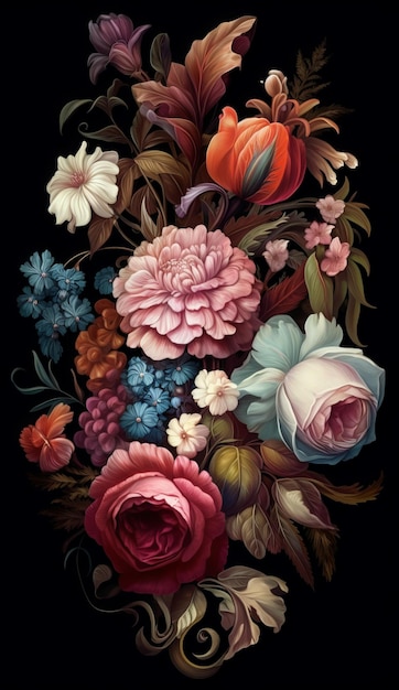 Pittura artistica Fiori colorati su fondo nero