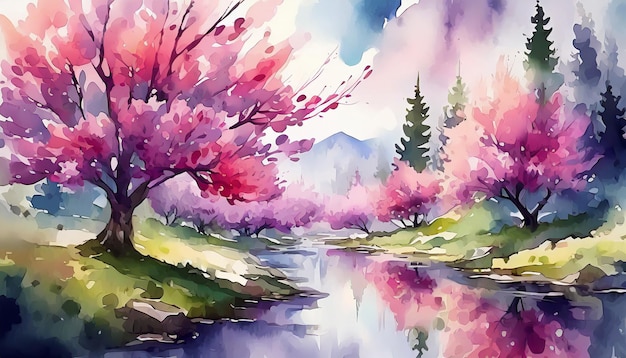 Pittura astratta ad acquerello di paesaggi con alberi rosa in fiore e fiume Paesaggio naturale di primavera