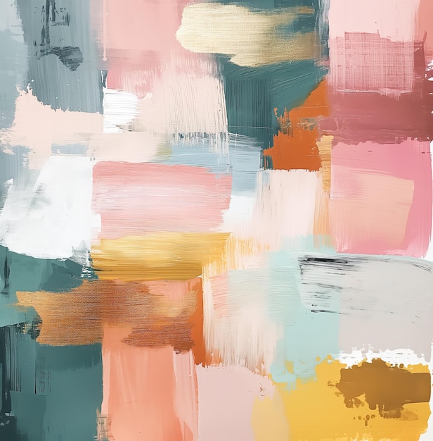 Pittura astratta con pennellate su tela dominata da colori rosa, blu e arancione Composizione dinamica con intrecci e fusioni di macchie di colore
