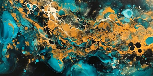 Pittura astratta di blu con sfere vorticose nere e oro